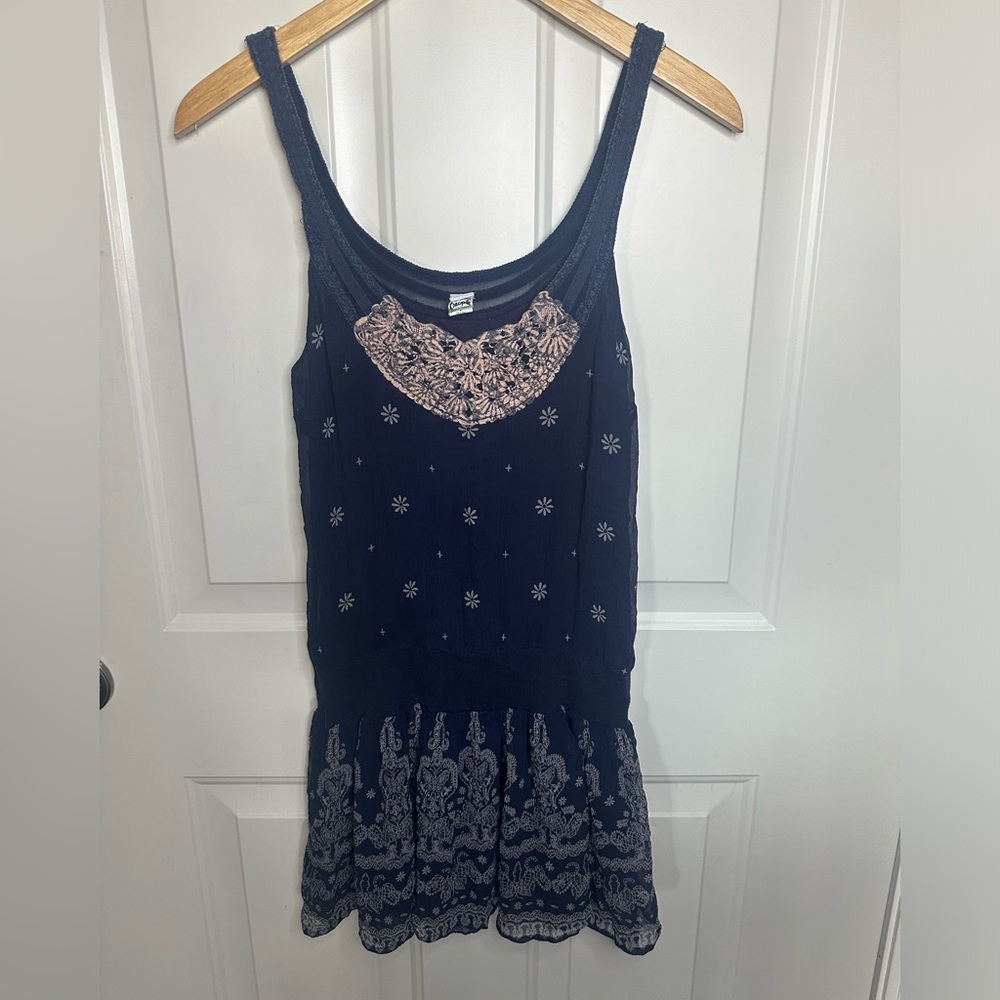 VTG Free People Embroidered Silk Drop-Waist Boho Mini Dress Navy Blue